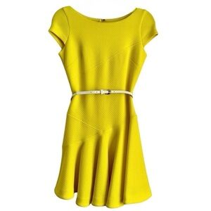 BEBE Yellow Cap Sleeve Flounce Fit & Flare Mini Dress Belted Skater Dress XS